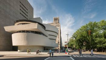 A photograph of the exterior of the Guggenheim Museum